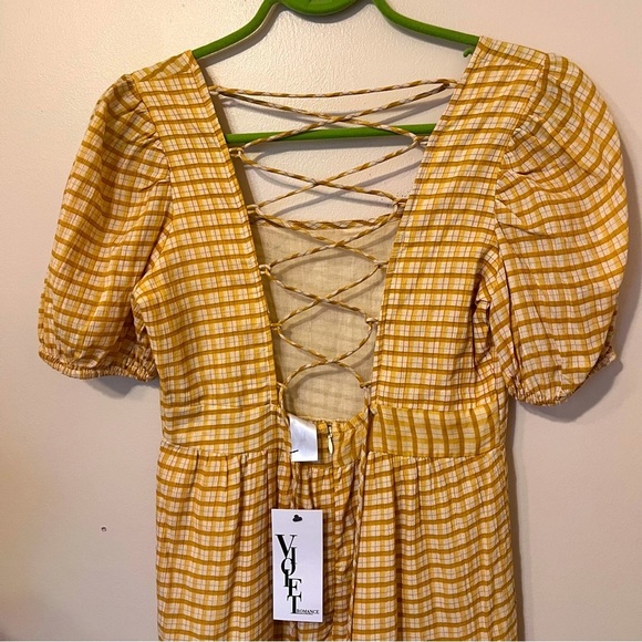 NWT Yellow Checked Tiered Midi Dress - Picture 6 of 7